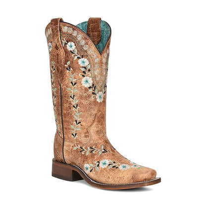 Bota Vaquera Distressed Cognac Floral Embroidery