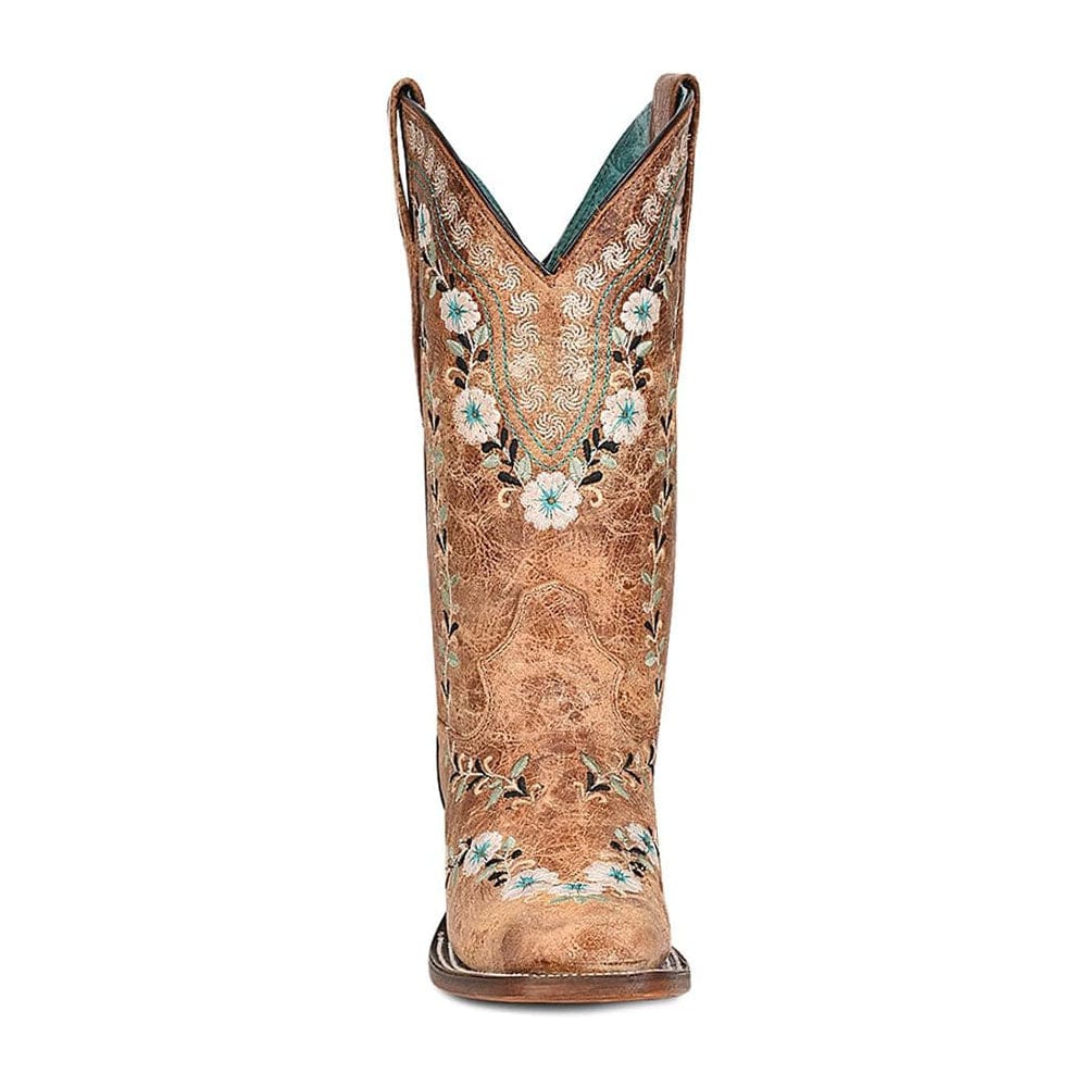 Bota Vaquera Distressed Cognac Floral Embroidery