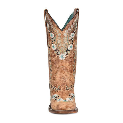 Bota Vaquera Distressed Cognac Floral Embroidery