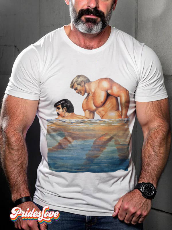 Men's Vintage Denim Gay Muscle Topless LGBT Printed T-Shirt