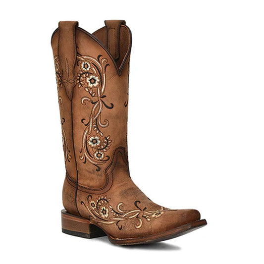 Bota Vaquera Sand Floral Embroidery