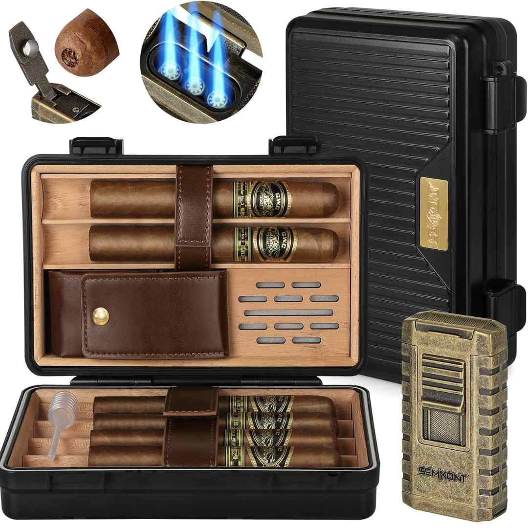 Rugged Travel Cigar Humidor - Cedar Interior, Waterproof & Pressure-Sealed, Complete with Humidifier and Lighter