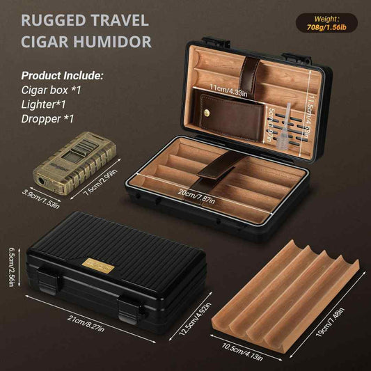 Rugged Travel Cigar Humidor - Cedar Interior, Waterproof & Pressure-Sealed, Complete with Humidifier and Lighter