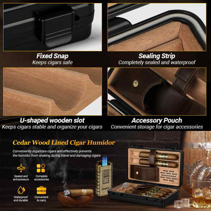 Rugged Travel Cigar Humidor - Cedar Interior, Waterproof & Pressure-Sealed, Complete with Humidifier and Lighter