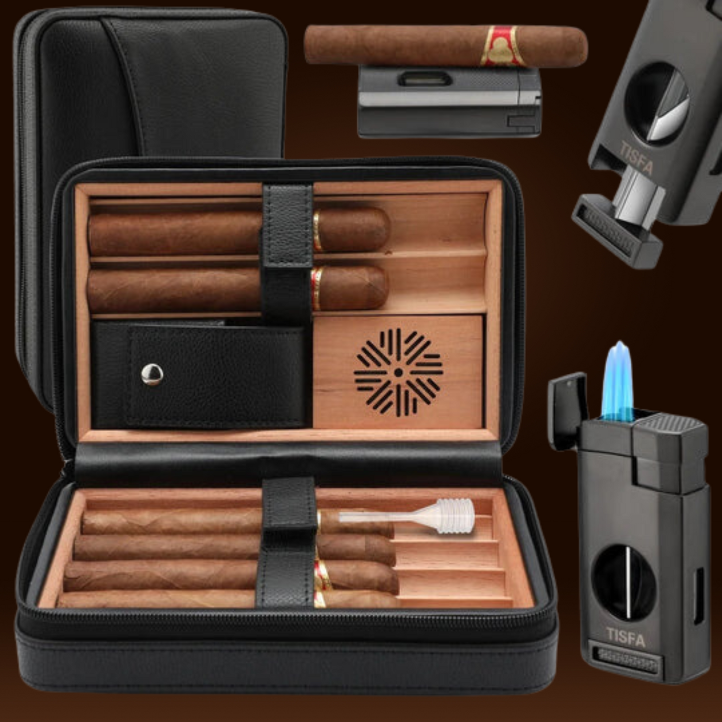 Cedar Wood Cigar Case with Cigar Lighter