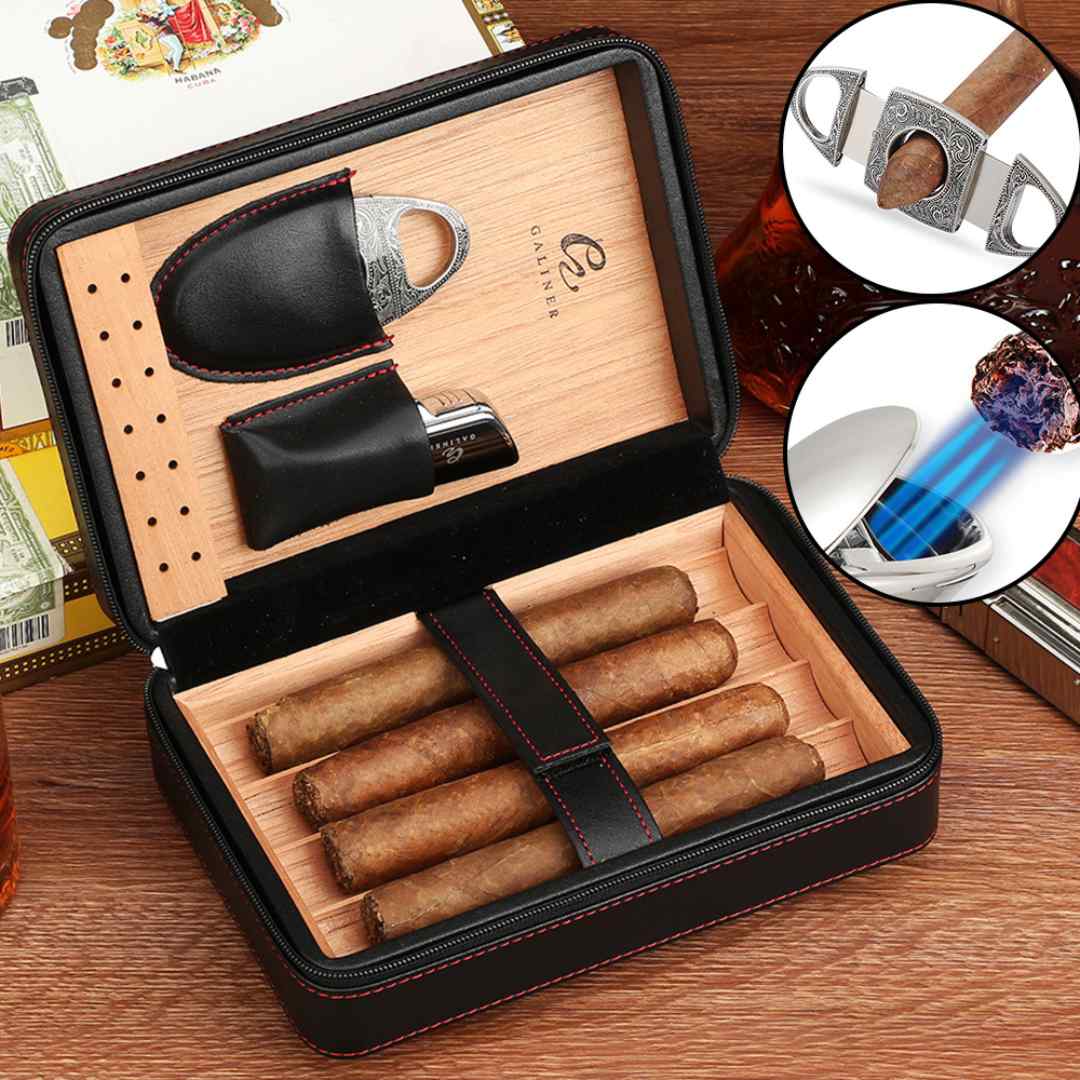 Elegant Cedar Wood Humidor & Travel Cigar Set with Lighter & Guillotine Cutter