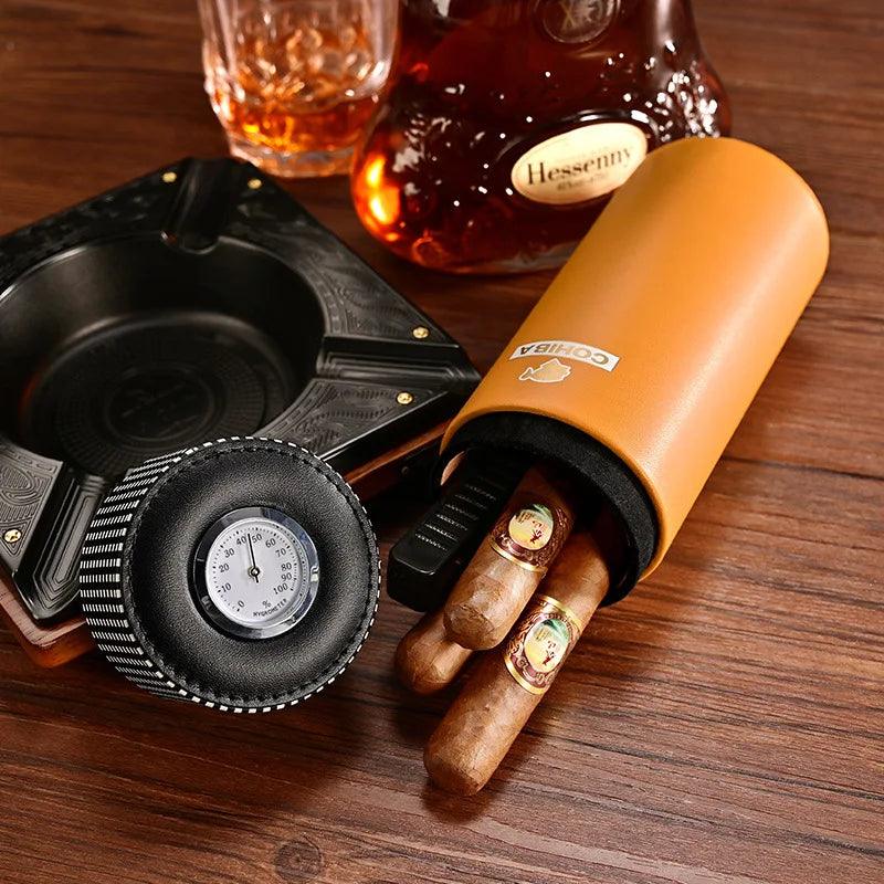 Elevate your cigar experience with our sleek Cedar Wood Portable Case. Includes a built-in humidifier and hygrometer for perfect preservation on the go!