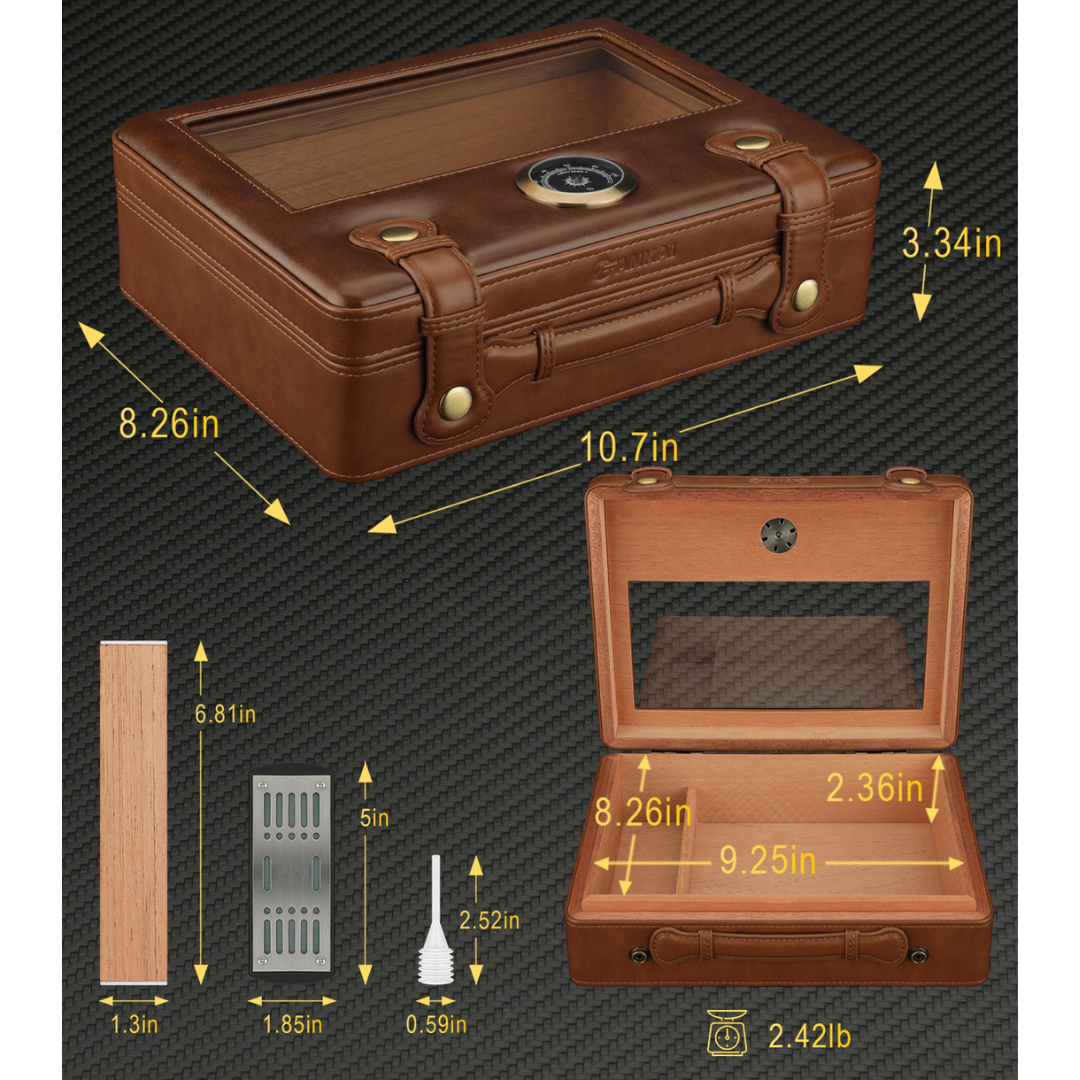 Travel Cigar Humidor Box with Glass Top – Cedar Wood Lining, Humidifier, and Hygrometer, Holds Up to 50 Cigars