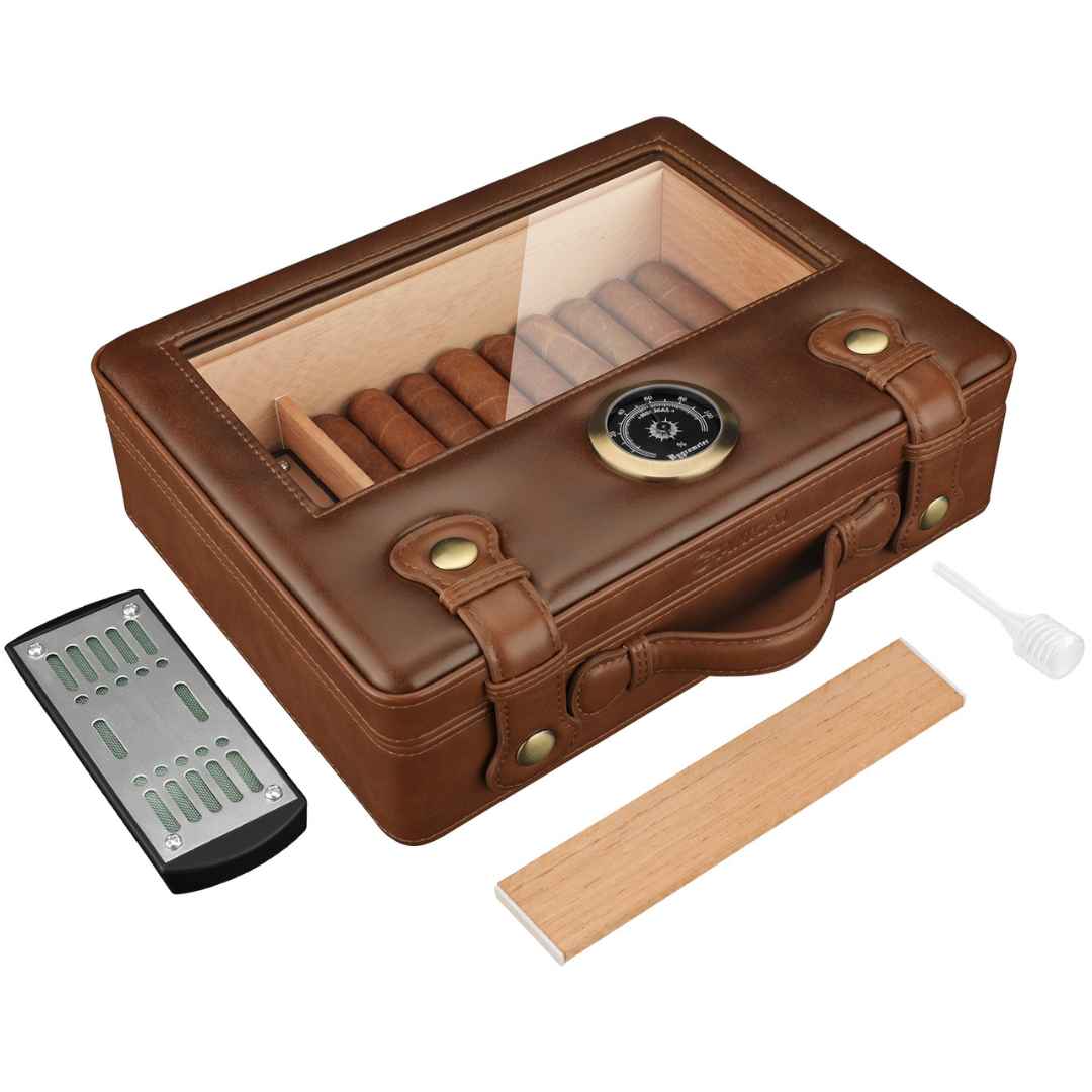 Travel Cigar Humidor Box with Glass Top – Cedar Wood Lining, Humidifier, and Hygrometer, Holds Up to 50 Cigars