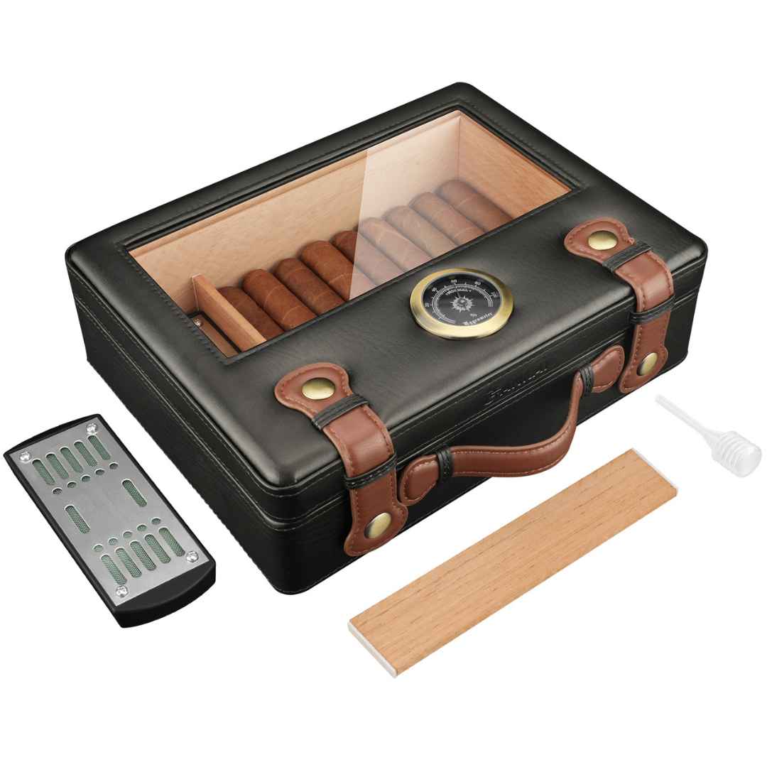 Travel Cigar Humidor Box with Glass Top – Cedar Wood Lining, Humidifier, and Hygrometer, Holds Up to 50 Cigars