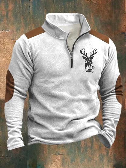 Western Style Printed Stand Collar Zipper Men's Sweatshirt