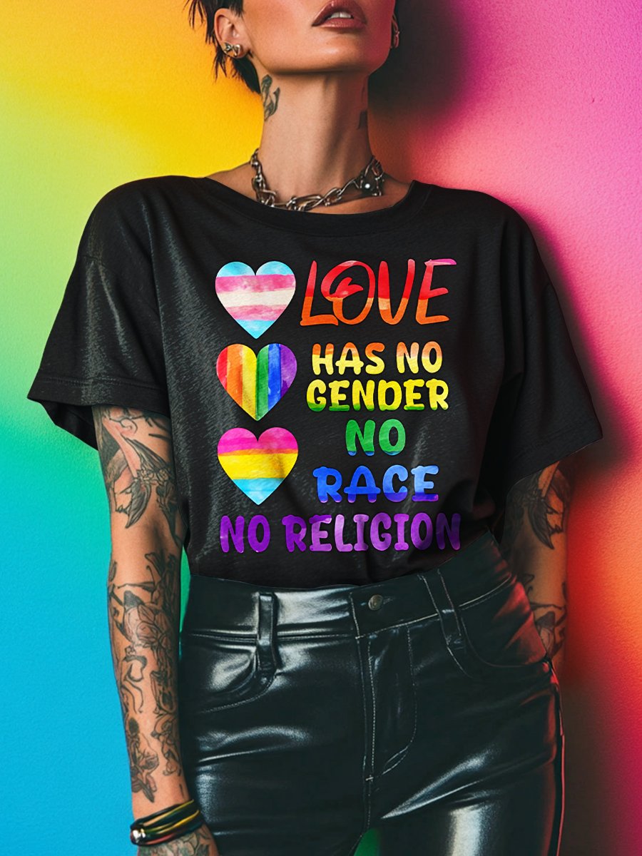 LGBTQ Lesbian Pride Rainbow Love Has No Gender No Race No Religion Print T-shirt