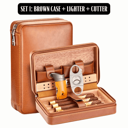 Luxury On-the-Go: Leather-Bound Portable Case And Humidor with or w/o Lighter and Cutter Ensemble!