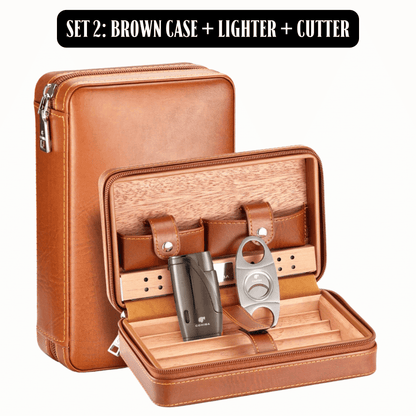 Luxury On-the-Go: Leather-Bound Portable Case And Humidor with or w/o Lighter and Cutter Ensemble!