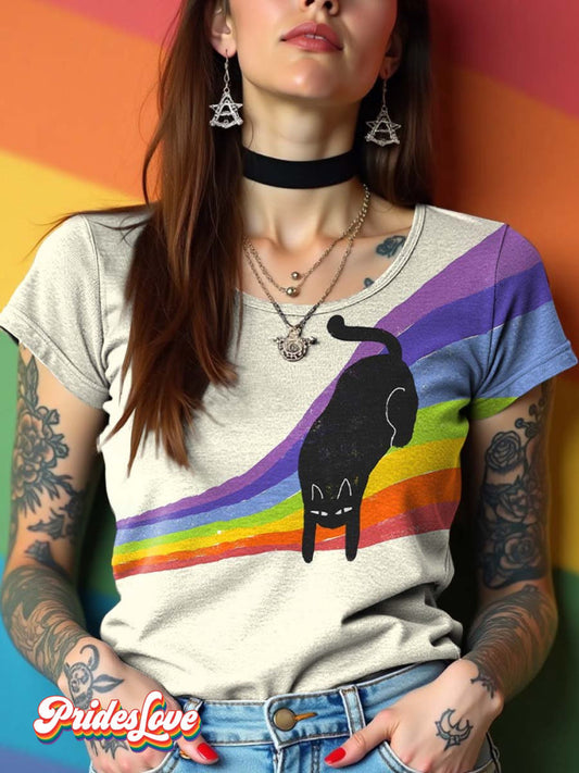 LGBT Pride Black Cat On Rainbow Art T-shirt