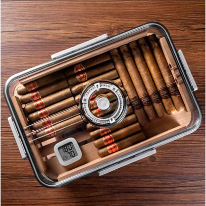 Large Capacity Translucent Cigar Humidor - Spanish Cedar Wood Interior - Built-in Hygrometer